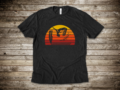 Retro Sunset Cliff Jumping T-Shirt - Outdoorsy Distressed Vintage Sunset Silhouette Adventure Shirt