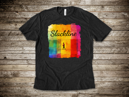 "Slackline" Colorful Abstract Slackline T-shirt | Slackline Shirt - Rainbow Cubic Splatter Paint Design