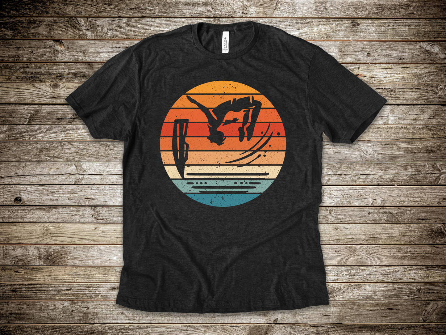 Retro Sunset Cliff Jumping T-Shirt - Outdoorsy Distressed Vintage Sunset Silhouette Adventure Shirt