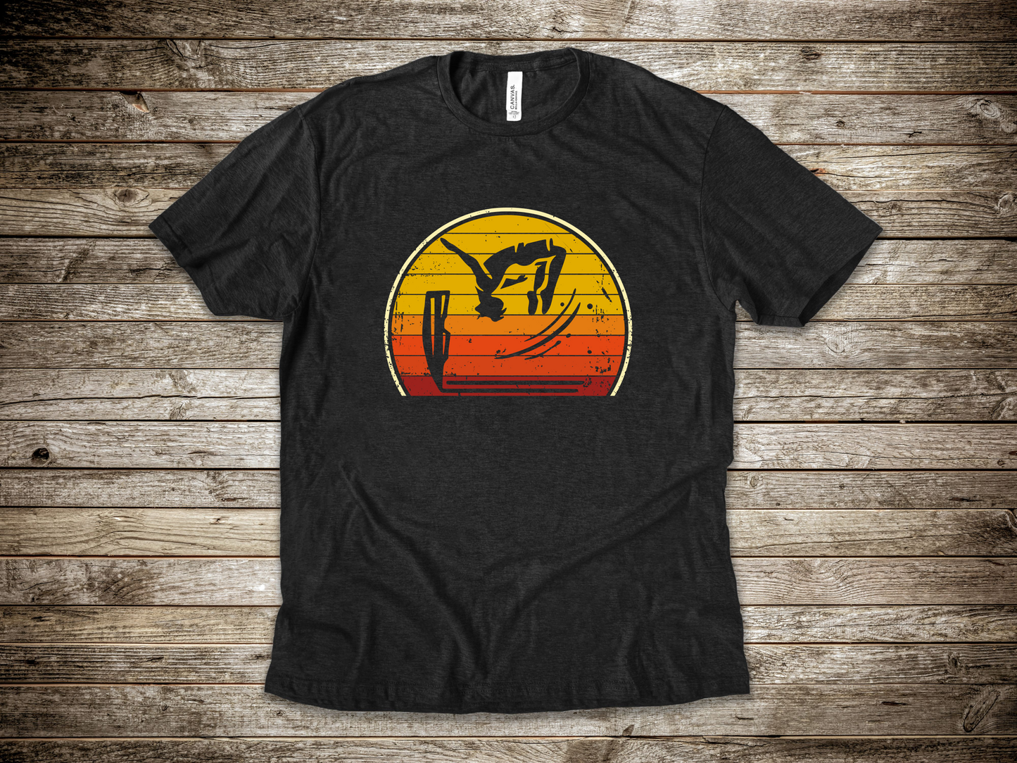 Retro Sunset Cliff Jumping T-Shirt - Outdoorsy Distressed Vintage Sunset Silhouette Adventure Shirt