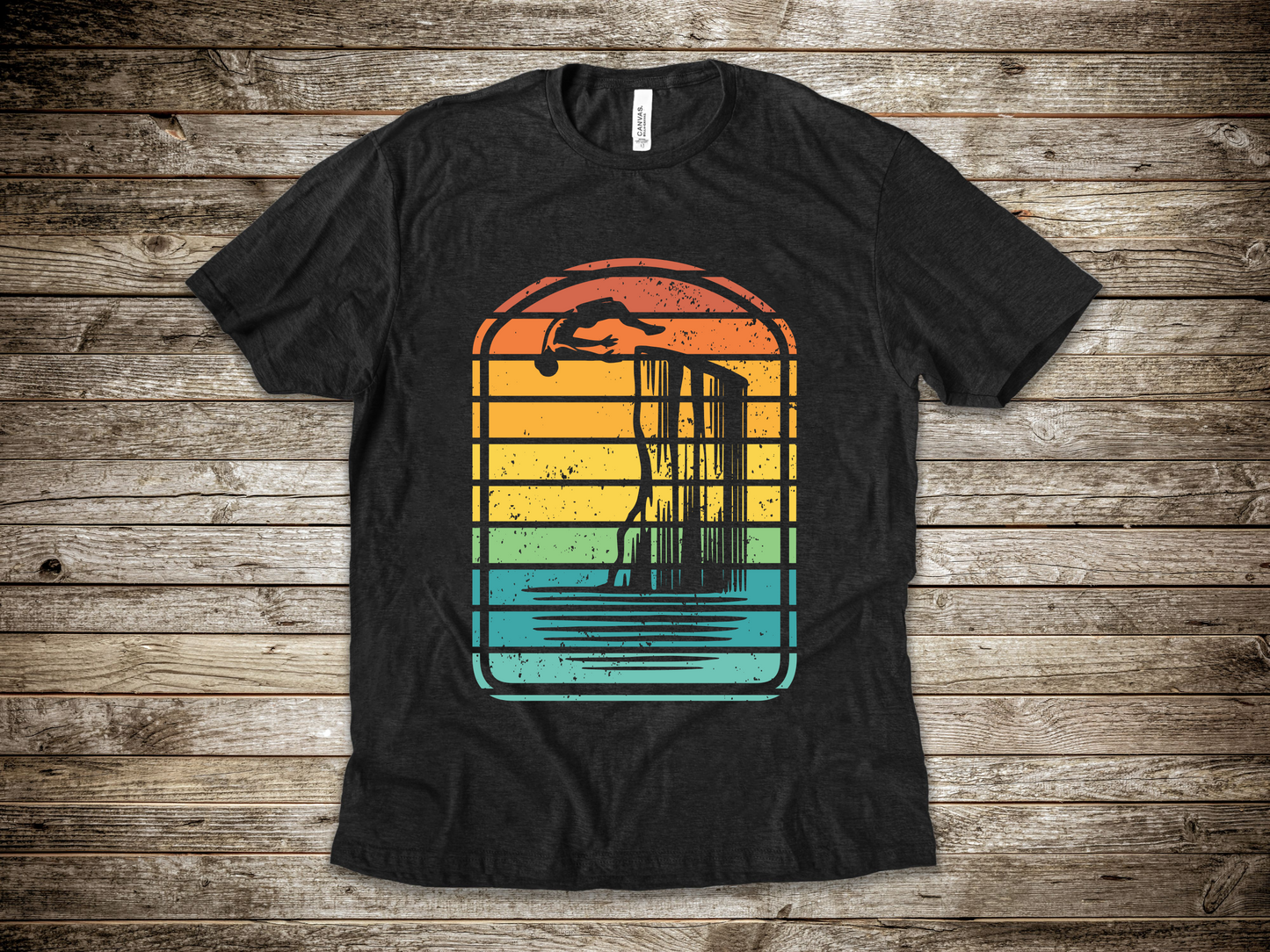 Retro Rainbow Cliff Jumping Silhouette T-Shirt - Outdoorsy Vintage Adventure Shirt