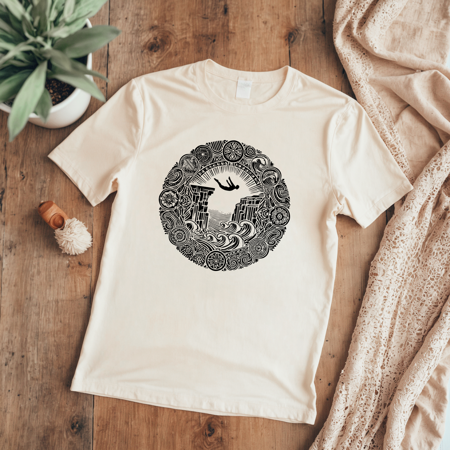 Mandala Style Cliff Jumping T-shirt for Outdoor Enthusiast and Adventure Lovers