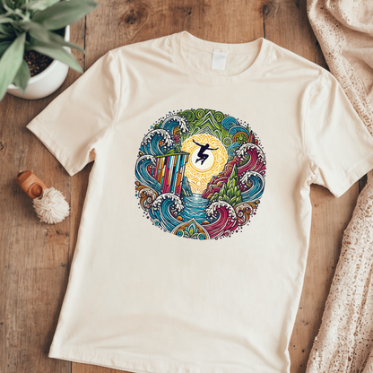 Mandala Style Cliff Jumping T-shirt for Outdoor Enthusiast - Colorful Mandala Art Design