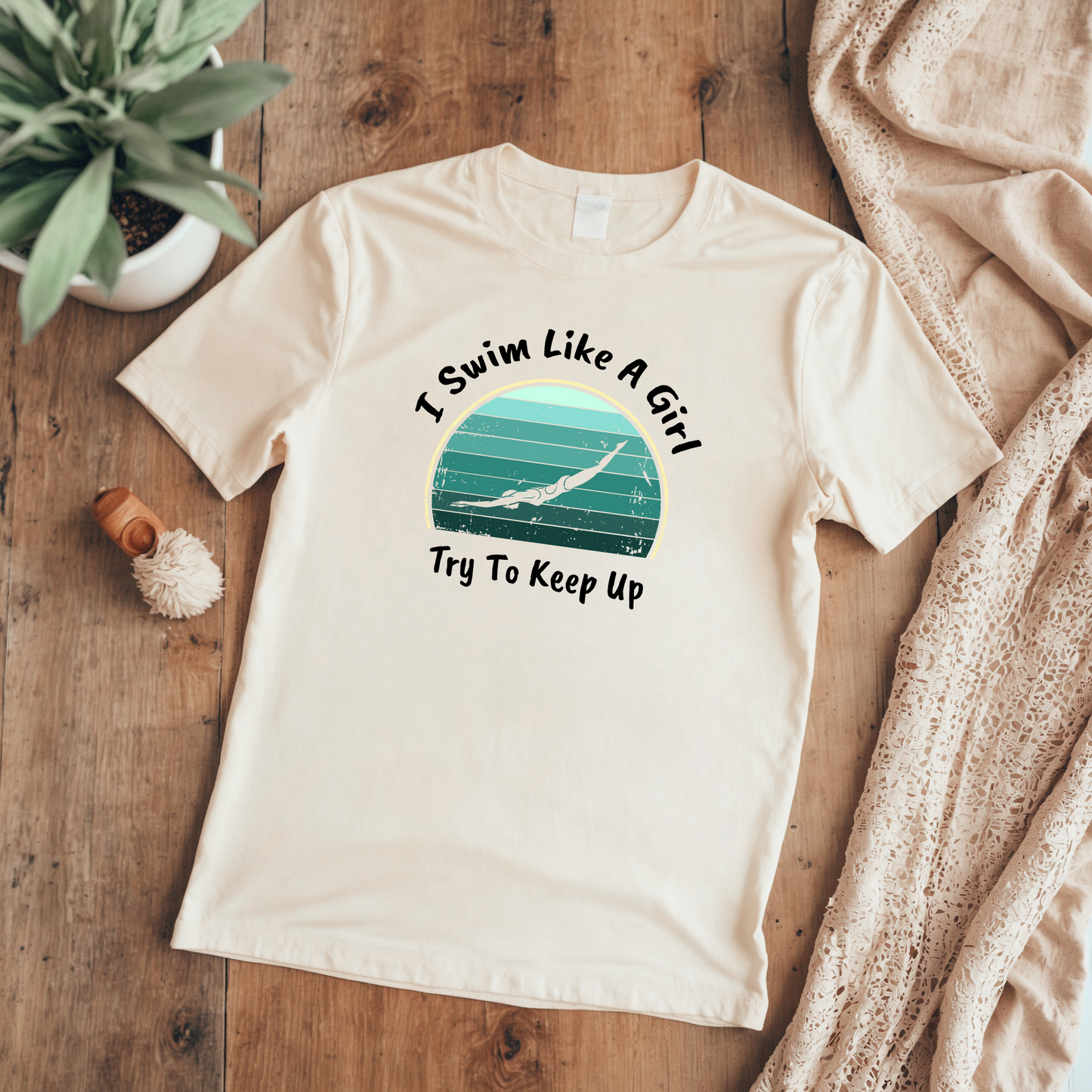 "I Swim Like A Girl, Try To Keep Up" - Girls Swim Shirt | Funny Female Retro Vintage Style Swimming T-Shirt