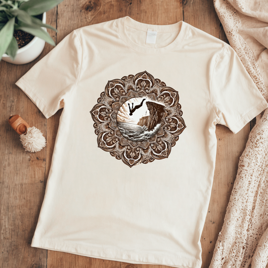 Mandala Style Cliff Jumping T-shirt for Outdoor Enthusiast and Adventure Lovers