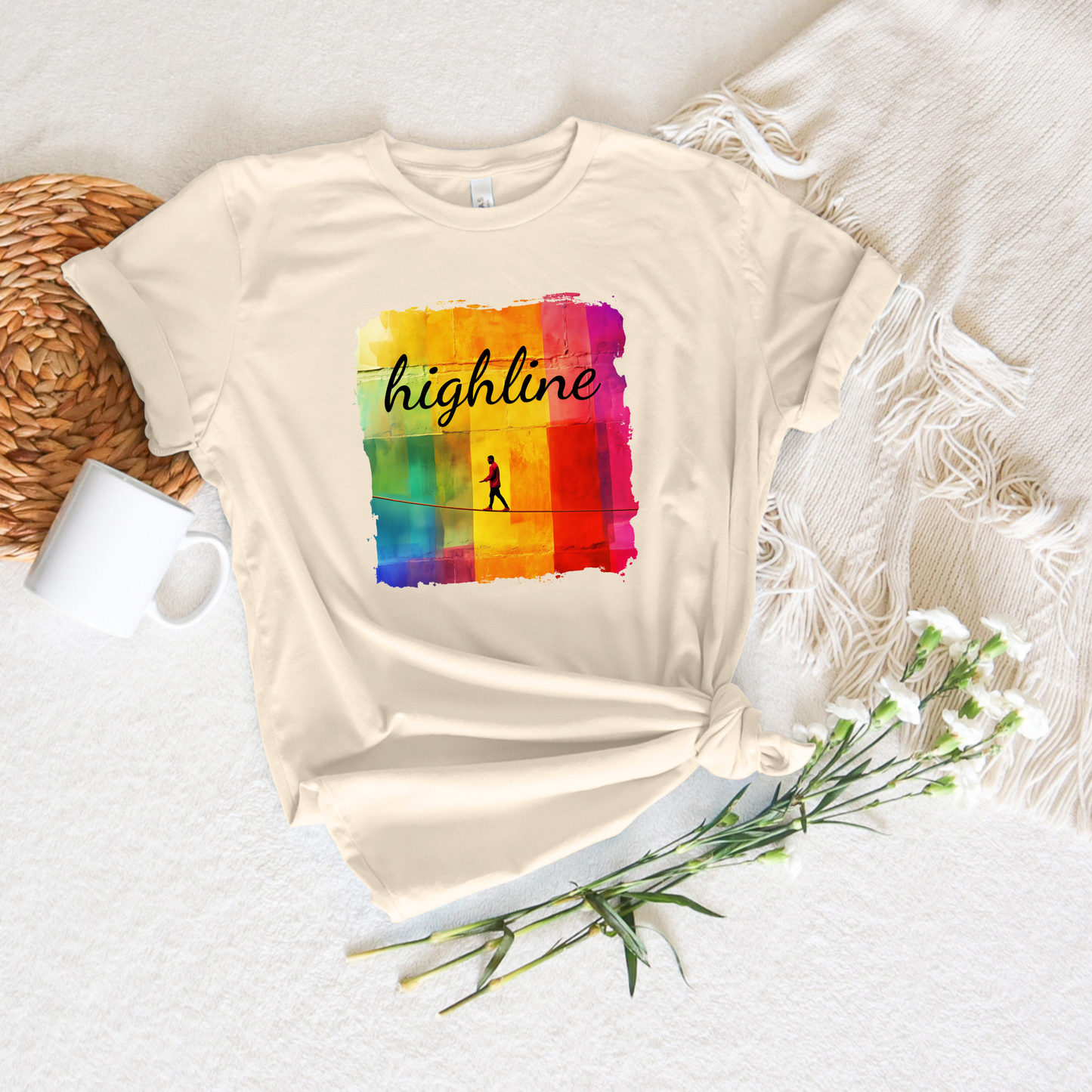 "Highline" Colorful Abstract Highline T-shirt | Highline Shirt - Rainbow Cubic Splatter Paint Design