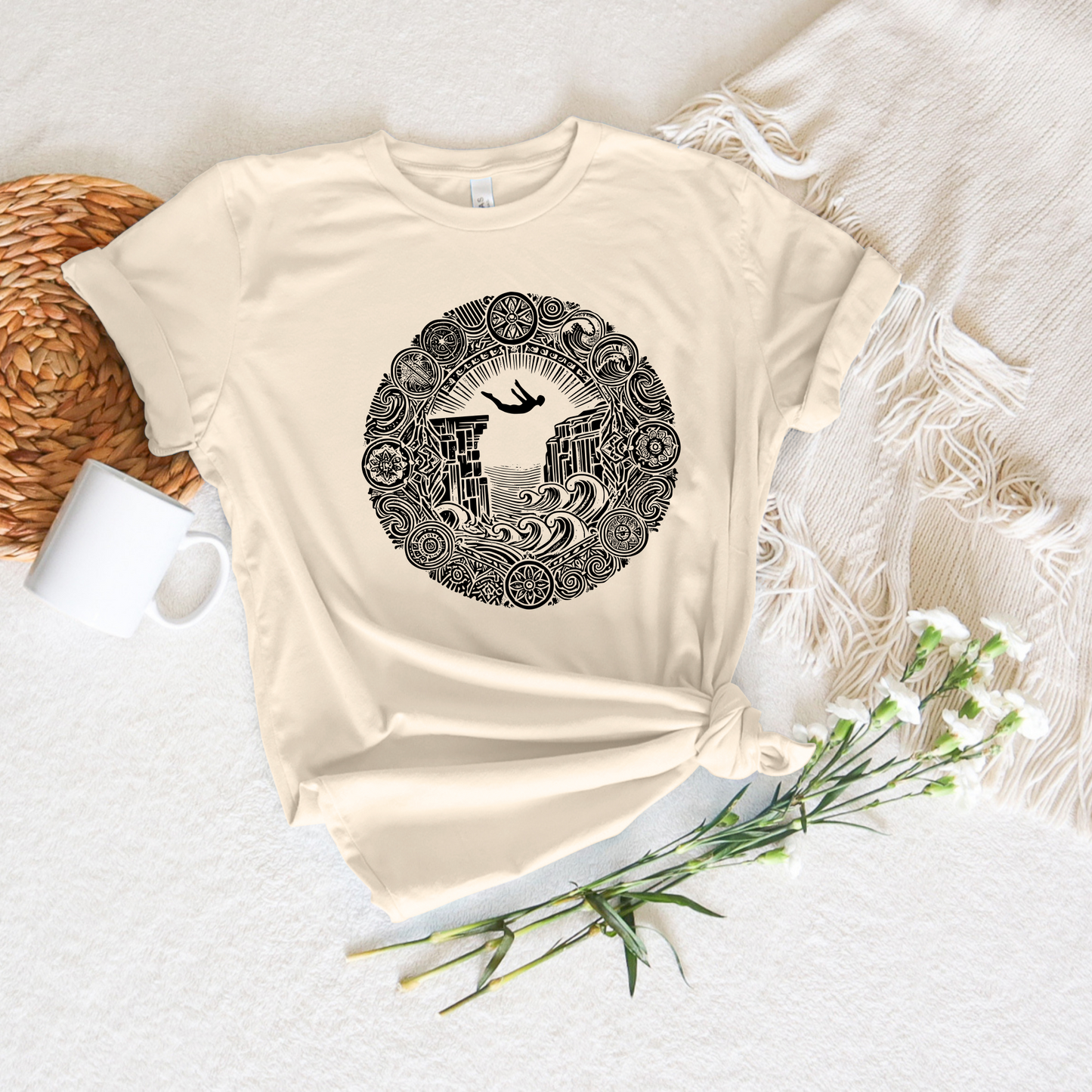 Mandala Style Cliff Jumping T-shirt for Outdoor Enthusiast and Adventure Lovers