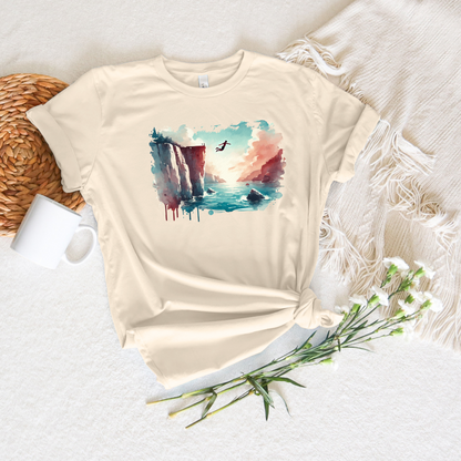 Watercolor Cliff Jumping T-Shirt with Dreamy Adventure Design