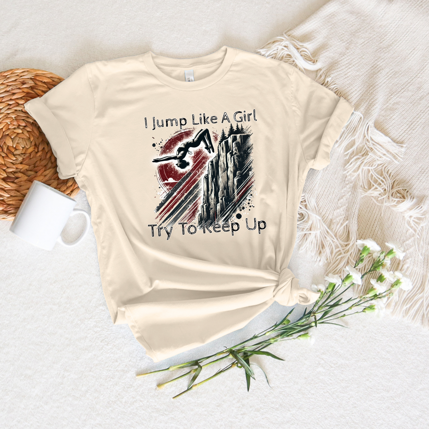 Women's Cliff Jumping T-Shirt "I Jump Like A Girl" Shirt for Adventure Lovers - Distressed Grunge Style