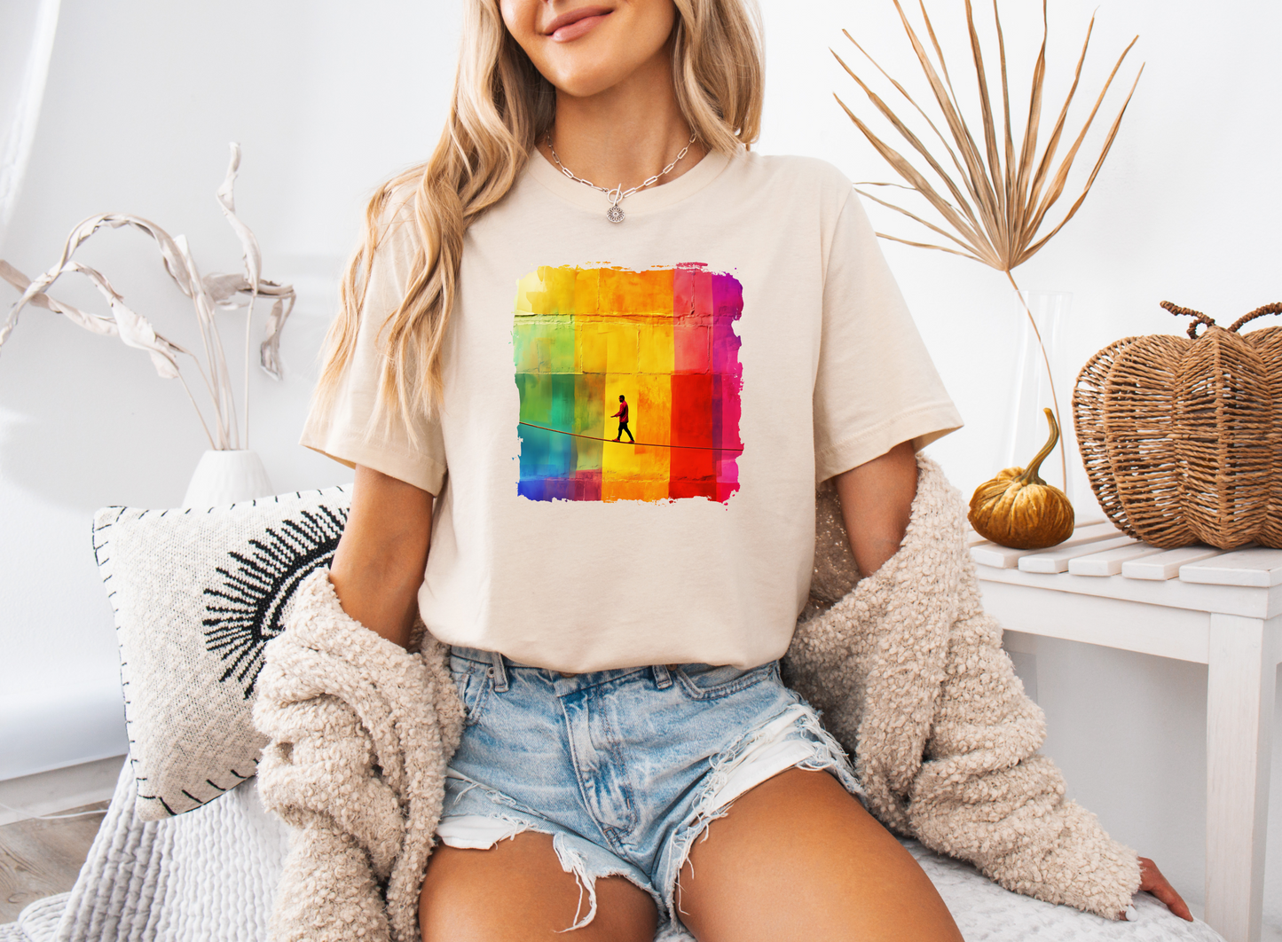 Colorful Abstract Slackline T-shirt | Slackline Highline Shirt - Rainbow Cubic Splatter Paint Design