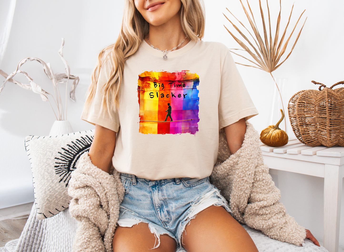 "Big Time Slacker" Colorful Abstract Slackline T-shirt | Slackline Highline Shirt - Rainbow Cubic Splatter Paint Design