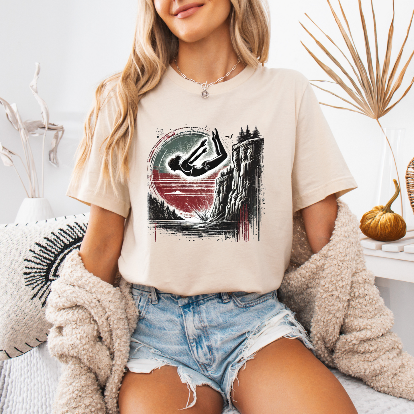 Women's Cliff Jumping T-Shirt - Distressed Grunge Style | Cliff Jump Flip Shirt for Outdoorsy Adventure Lovers