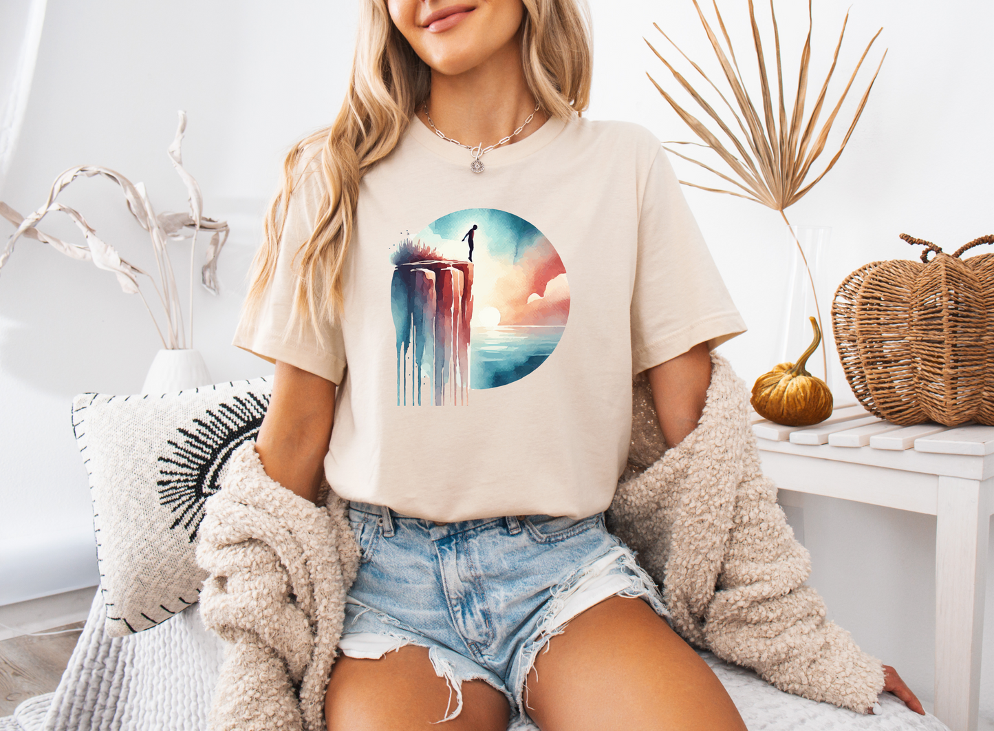 Watercolor Cliff Jumping T-Shirt with Dreamy Adventure Design