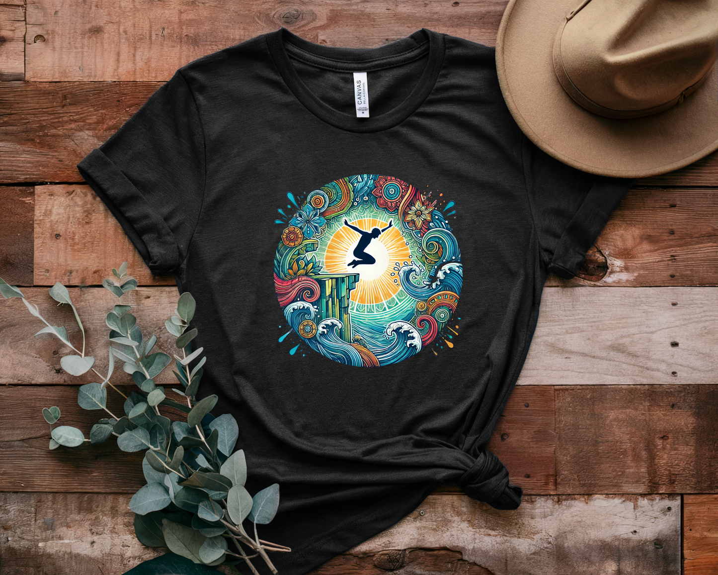 Mandala Style Cliff Jumping T-shirt for Outdoor Enthusiast - Colorful Mandala Art Design