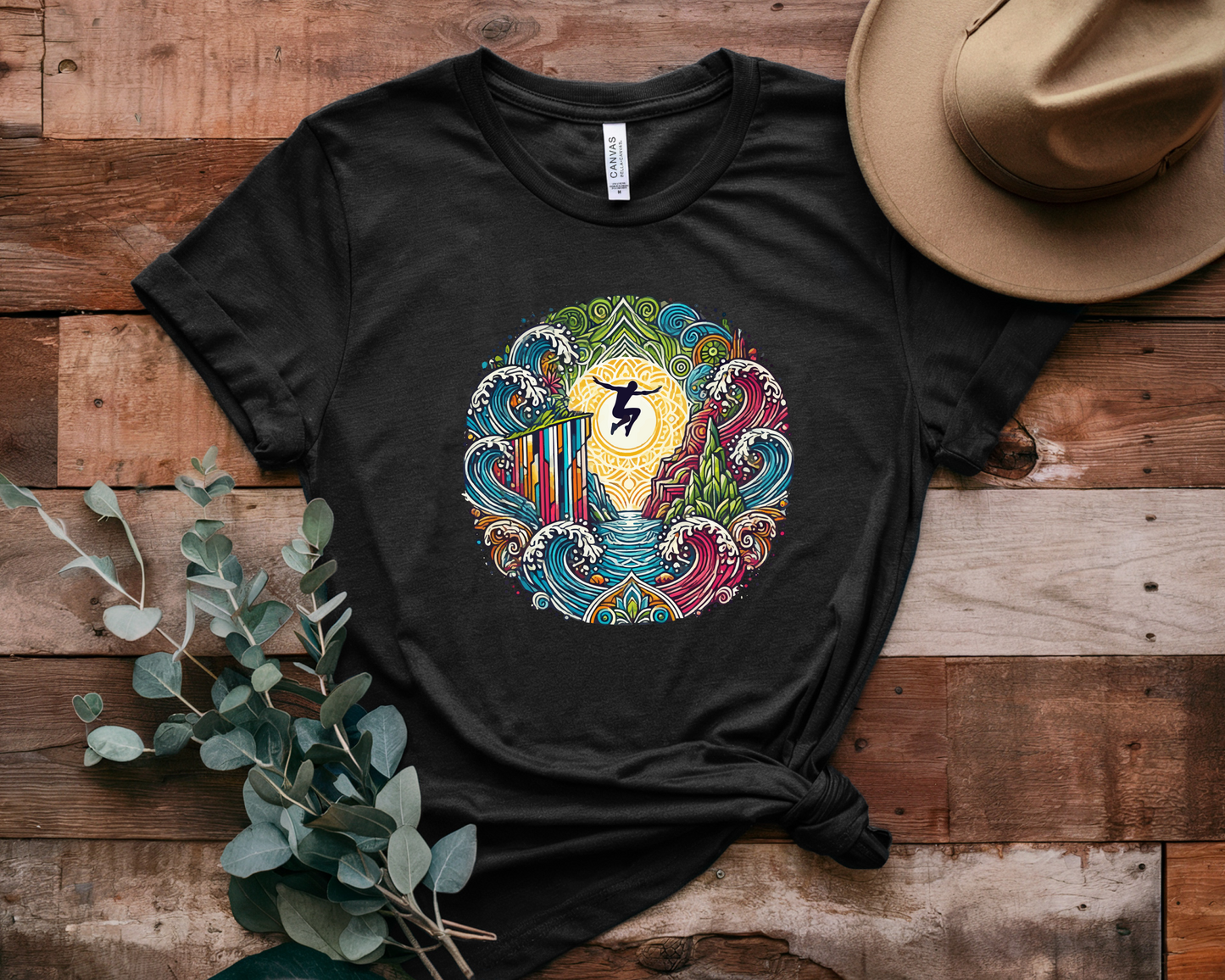 Mandala Style Cliff Jumping T-shirt for Outdoor Enthusiast - Colorful Mandala Art Design