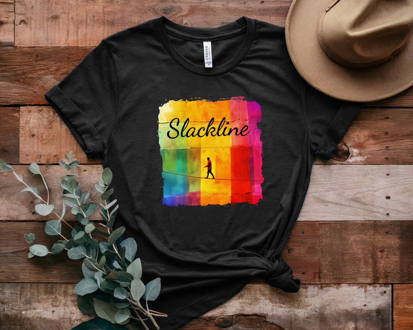 "Slackline" Colorful Abstract Slackline T-shirt | Slackline Shirt - Rainbow Cubic Splatter Paint Design