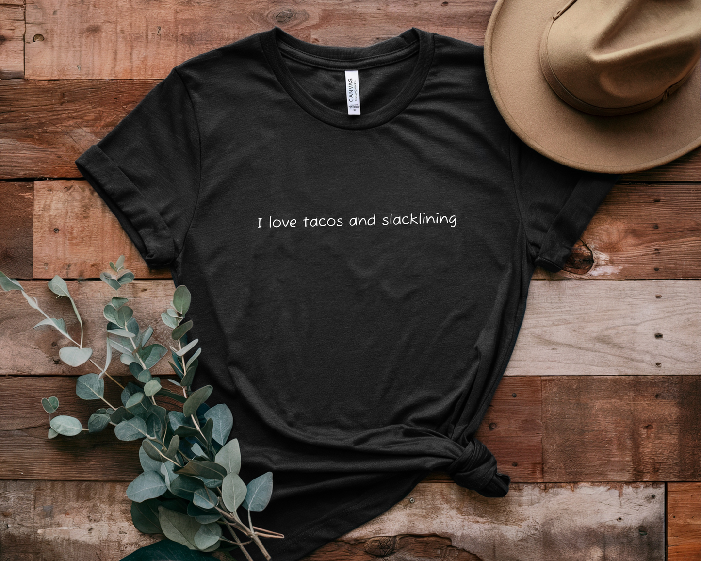 "I Love Tacos and Slacklining" - Simple Slackline Shirt for Slackliners -  Minimalist Text Design