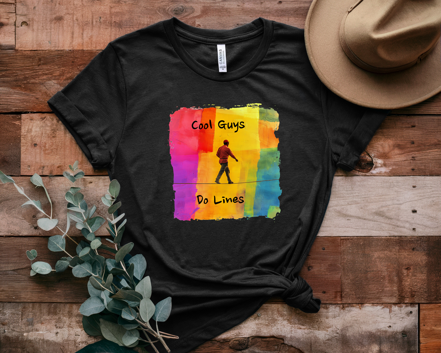 "Yeah, I Do Lines" Funny Slackline T-shirt | Colorful Abstract Slackline Highline Shirt - Rainbow Cubic Splatter Paint Design