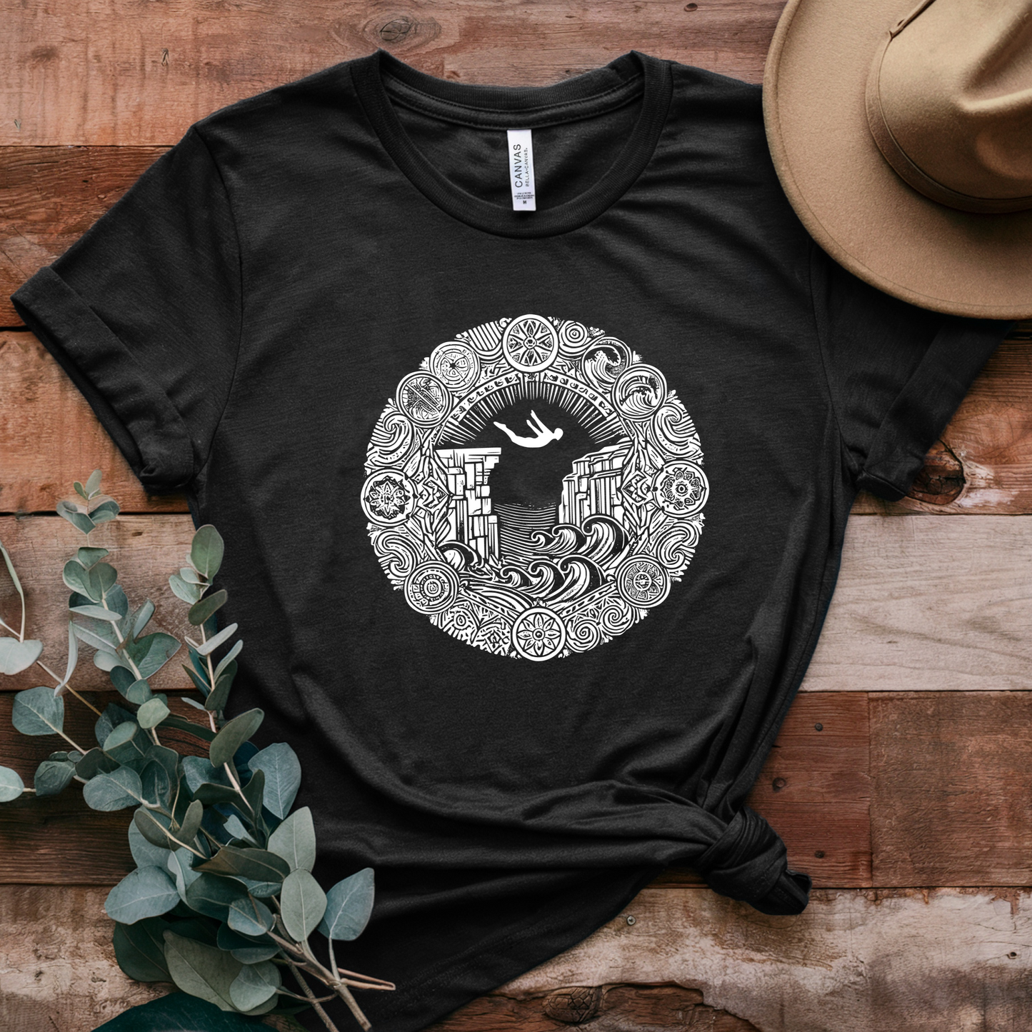 Mandala Style Cliff Jumping T-shirt for Outdoor Enthusiast and Adventure Lovers