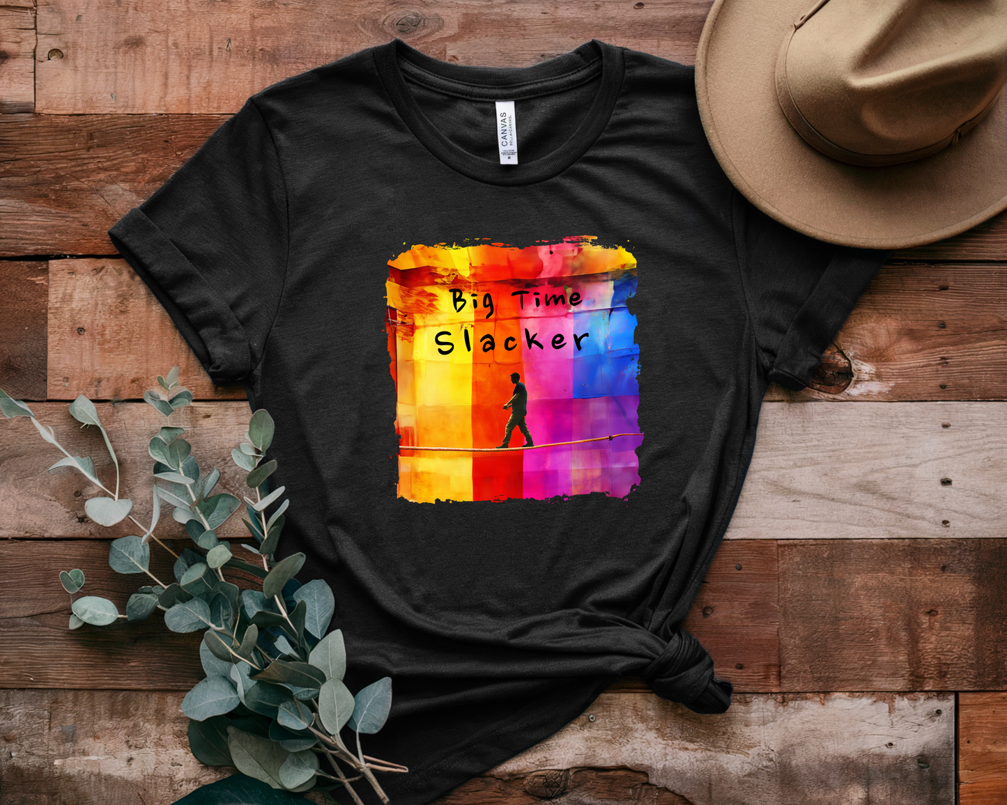 "Big Time Slacker" Colorful Abstract Slackline T-shirt | Slackline Highline Shirt - Rainbow Cubic Splatter Paint Design