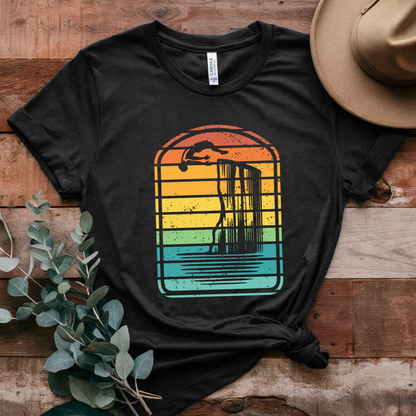 Retro Rainbow Cliff Jumping Silhouette T-Shirt - Outdoorsy Vintage Adventure Shirt