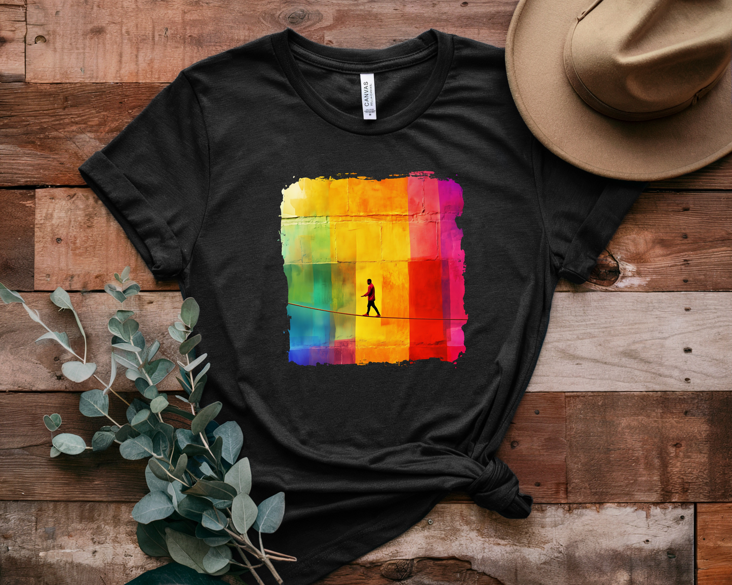 Colorful Abstract Slackline T-shirt | Slackline Highline Shirt - Rainbow Cubic Splatter Paint Design