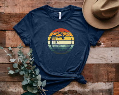 Retro Sunset Cliff Jumping T-Shirt - Outdoorsy Distressed Vintage Sunset Silhouette Adventure Shirt