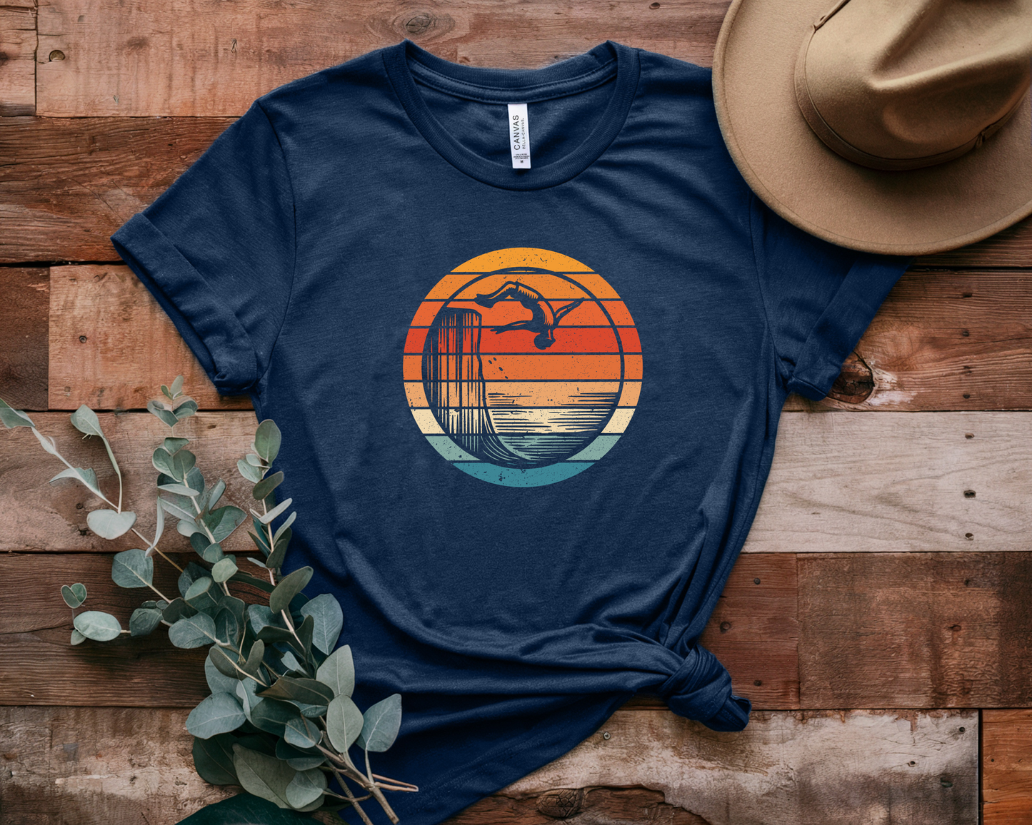 Retro Sunset Cliff Jumping T-Shirt - Outdoorsy Distressed Vintage Sunset Silhouette Adventure Shirt