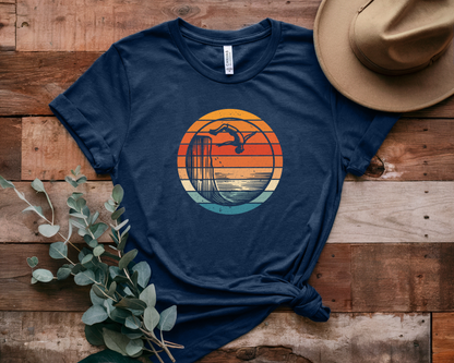 Retro Sunset Cliff Jumping T-Shirt - Outdoorsy Distressed Vintage Sunset Silhouette Adventure Shirt