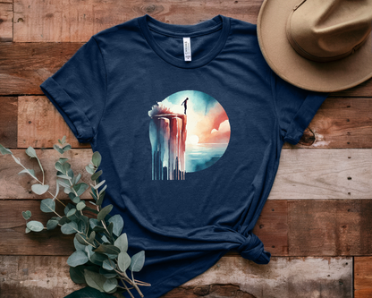 Watercolor Cliff Jumping T-Shirt with Dreamy Adventure Design