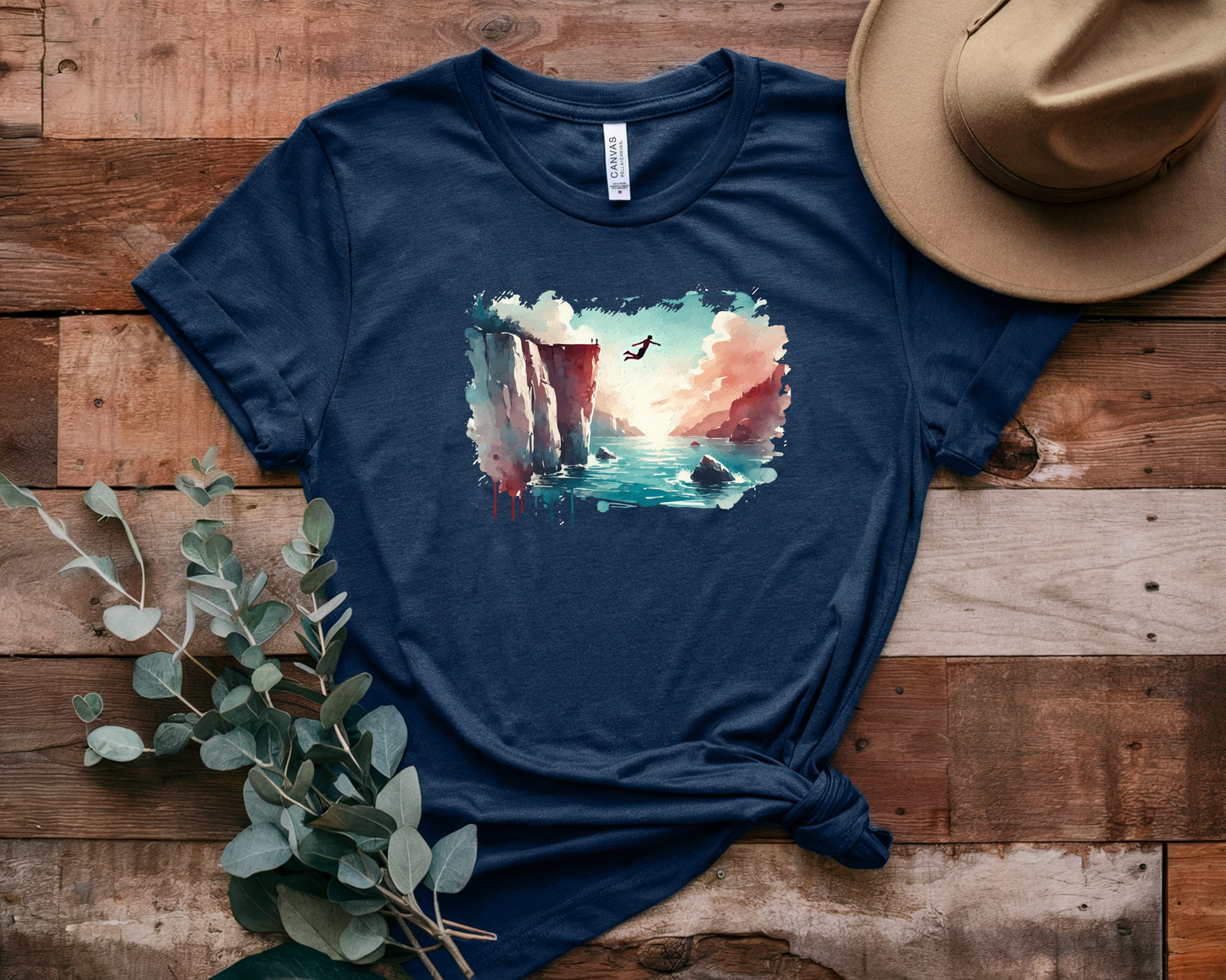 Watercolor Cliff Jumping T-Shirt with Dreamy Adventure Design