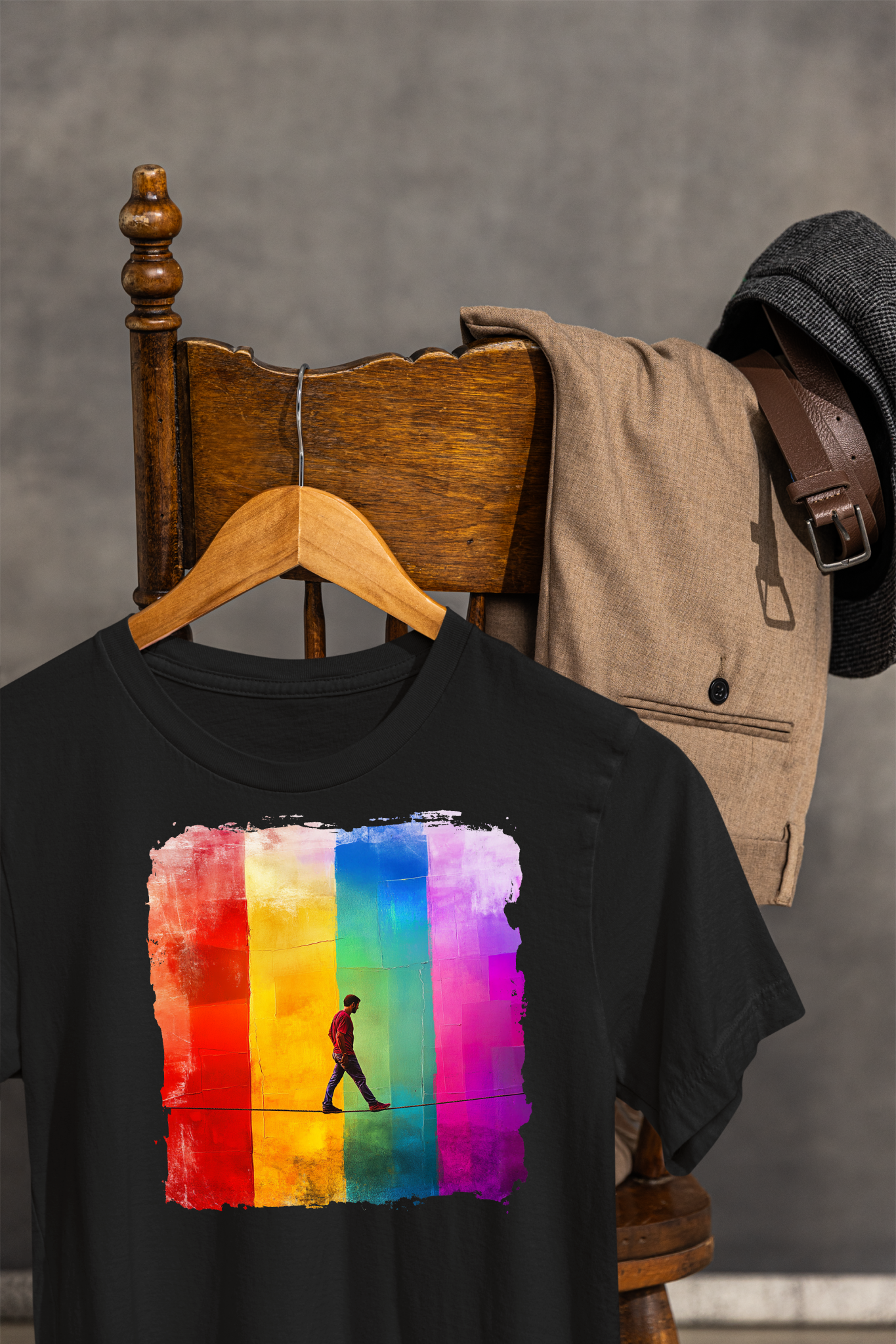 Colorful Abstract Slackline T-shirt | Slackline Highline Shirt - Rainbow Cubic Splatter Paint Design