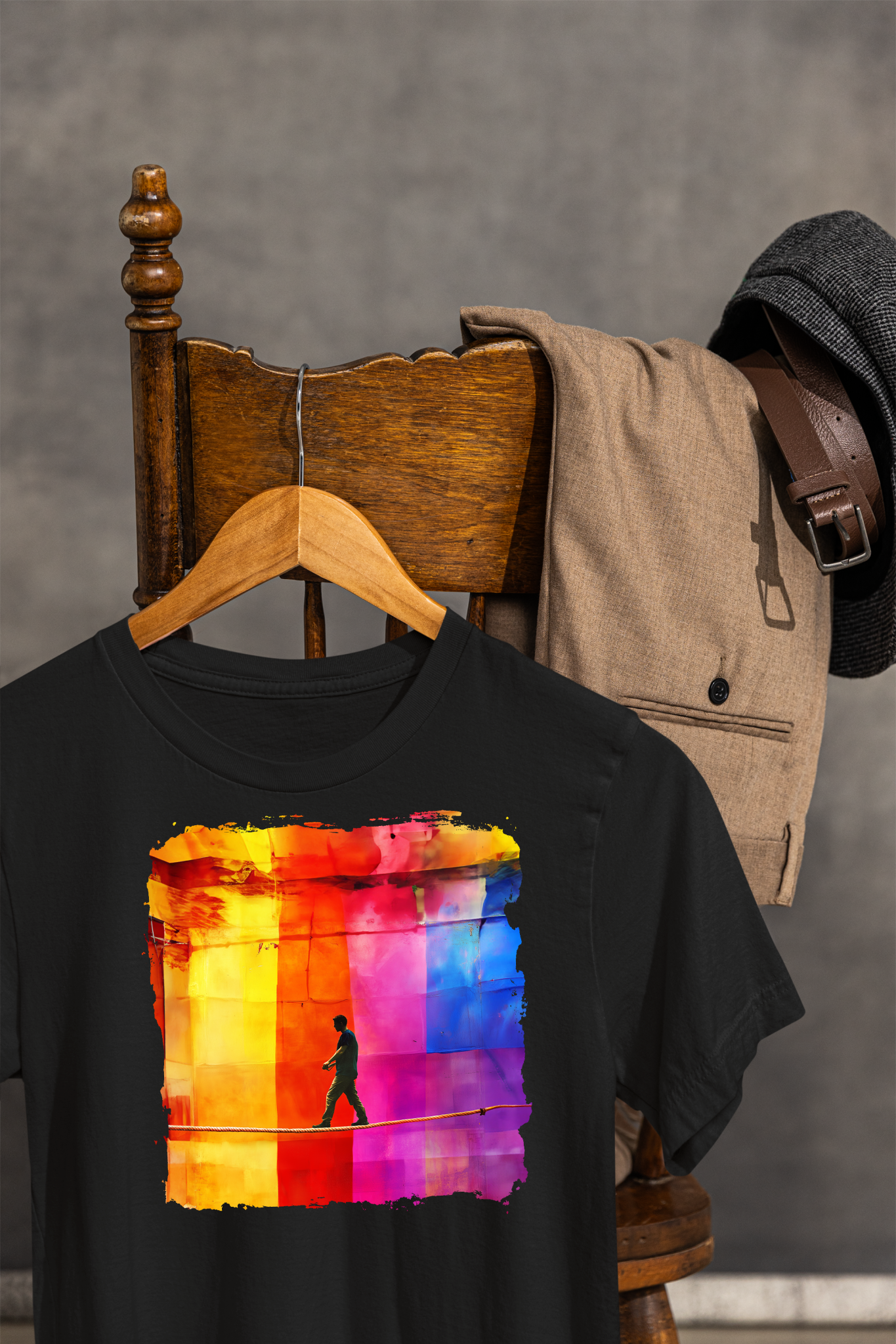 Colorful Abstract Slackline T-shirt | Slackline Highline Shirt - Rainbow Cubic Splatter Paint Design