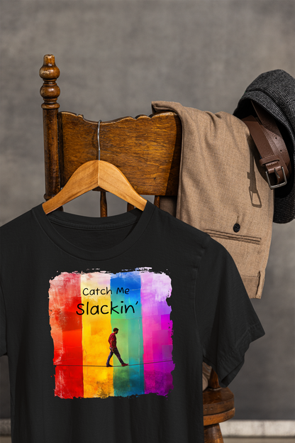 "Catch Me Slackin" Colorful Abstract Slackline T-shirt | Slackline Highline Shirt - Rainbow Cubic Splatter Paint Design