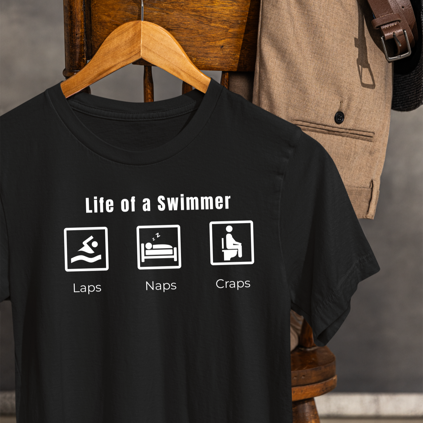 "Naps. Laps. Craps" Funny Swim Shirt | Swim Life Swimmer T-Shirt | Minimalist Icon Design, HILARIOUS!