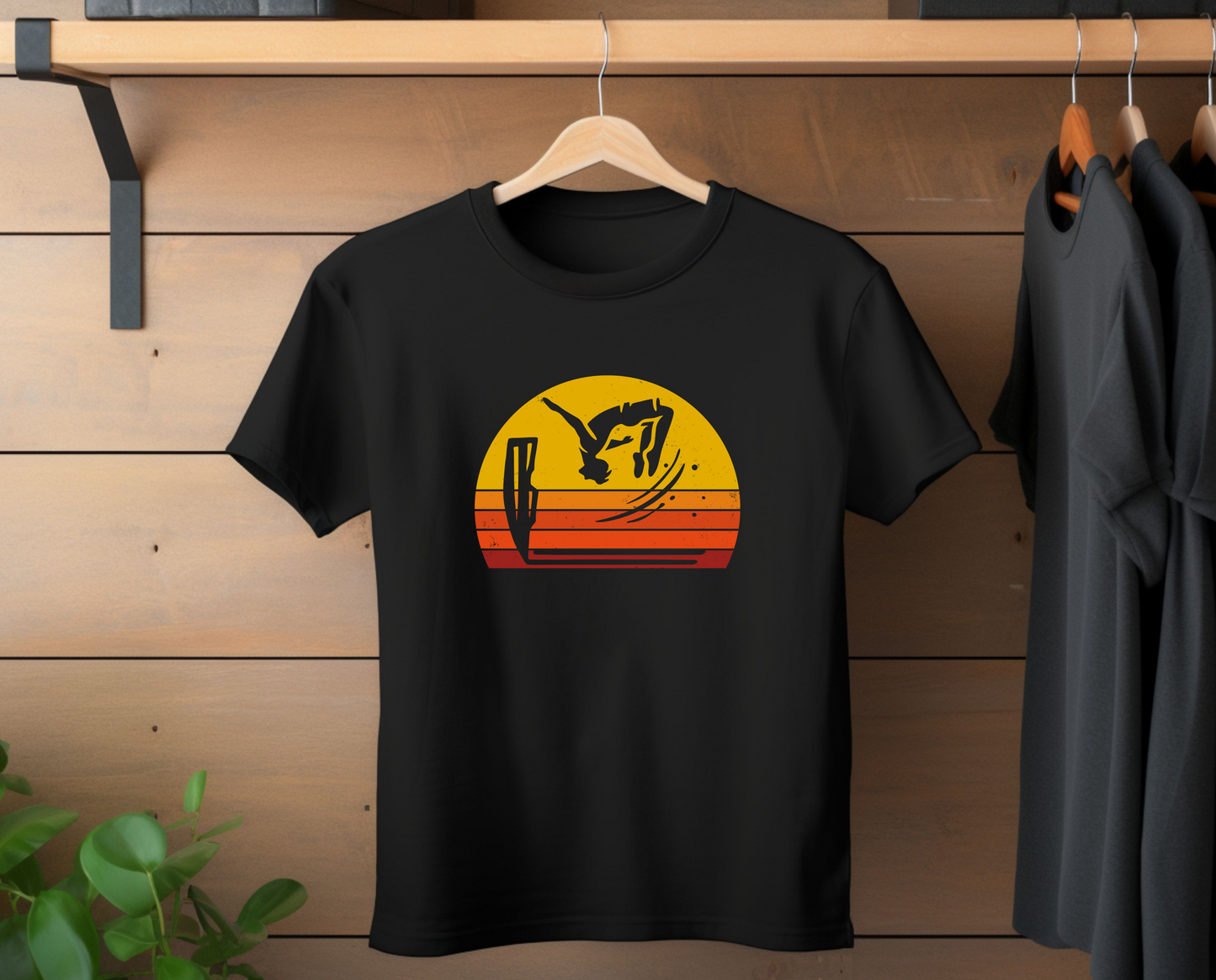 Retro Sunset Cliff Jumping T-Shirt - Outdoorsy Distressed Vintage Sunset Silhouette Adventure Shirt