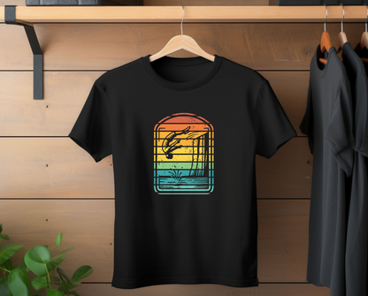 Retro Rainbow Cliff Jumping Silhouette T-Shirt - Outdoorsy Vintage Adventure Shirt