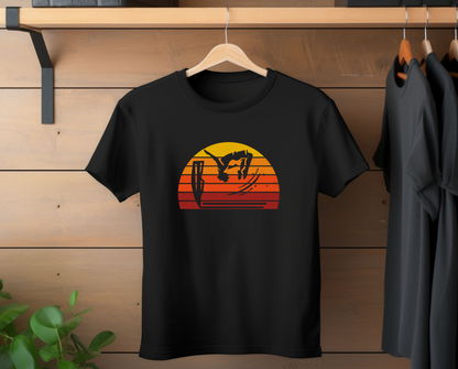 Retro Sunset Cliff Jumping T-Shirt - Outdoorsy Distressed Vintage Sunset Silhouette Adventure Shirt