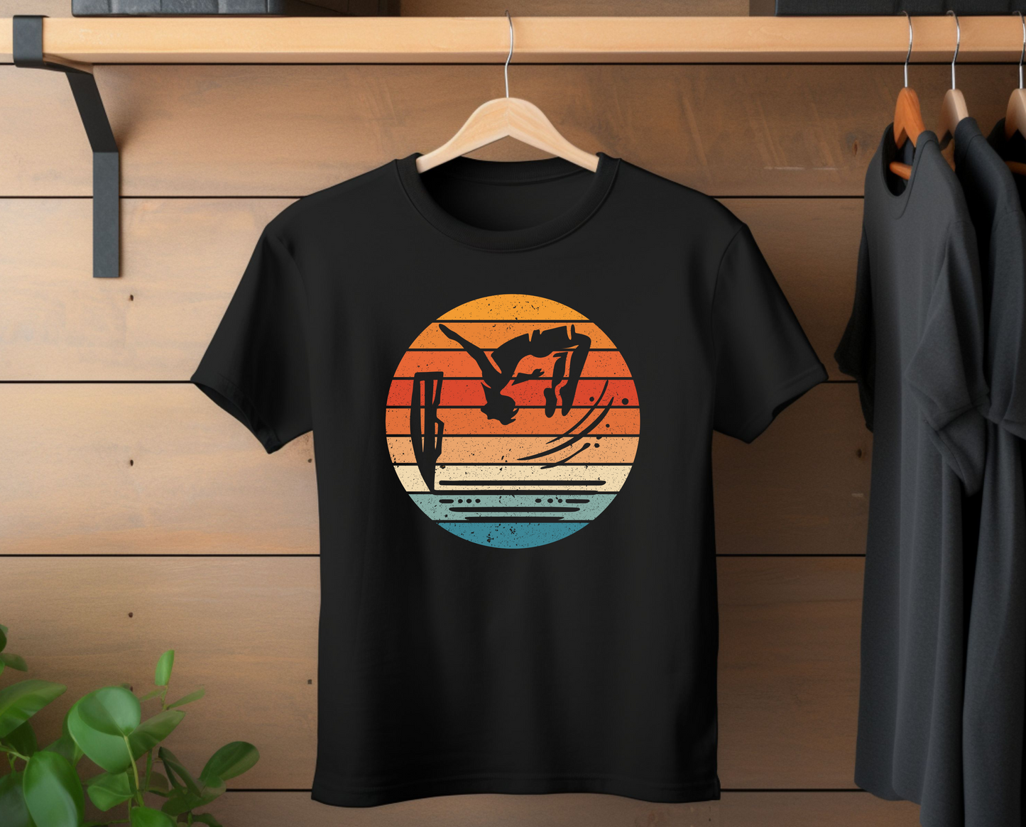 Retro Sunset Cliff Jumping T-Shirt - Outdoorsy Distressed Vintage Sunset Silhouette Adventure Shirt