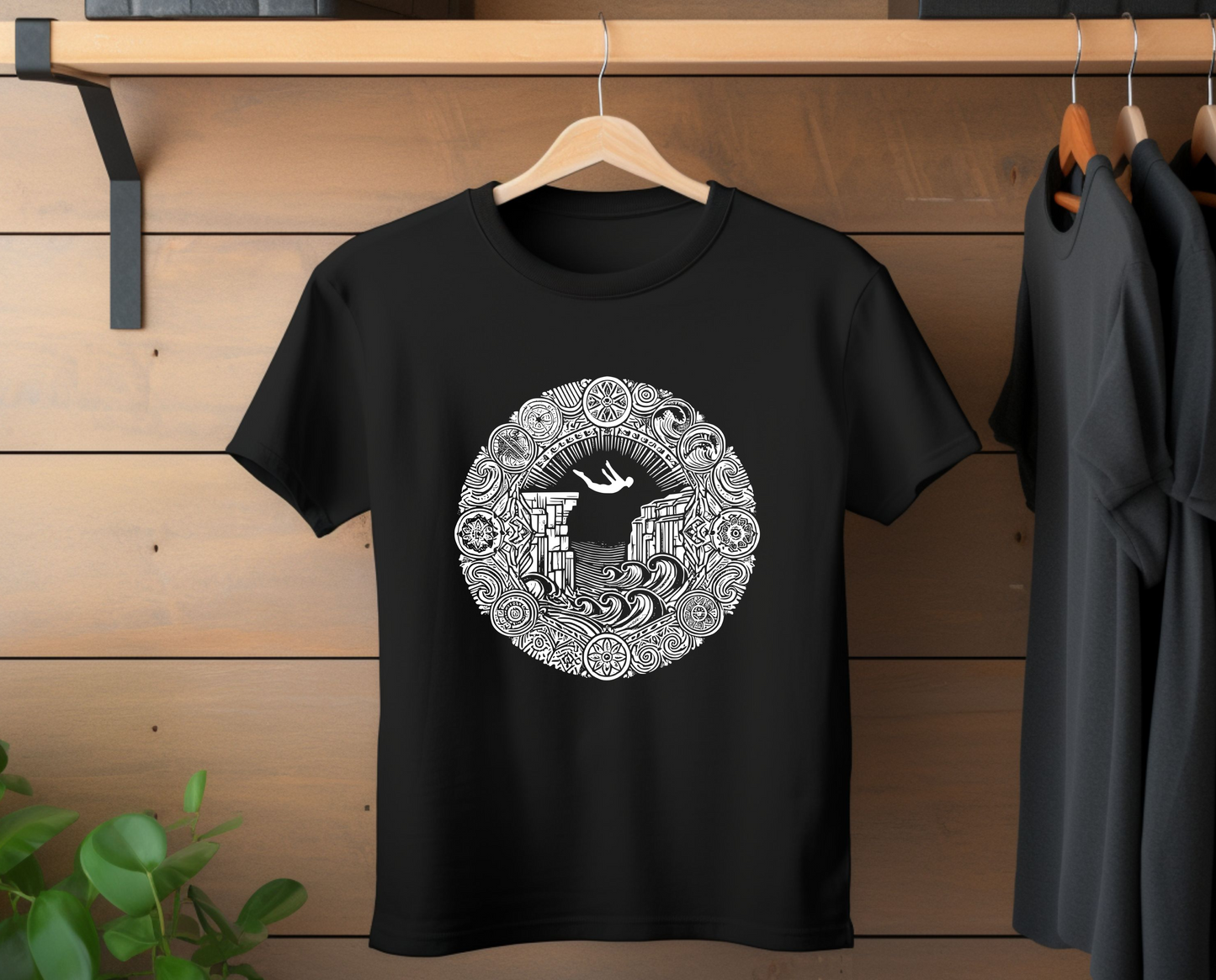 Mandala Style Cliff Jumping T-shirt for Outdoor Enthusiast and Adventure Lovers