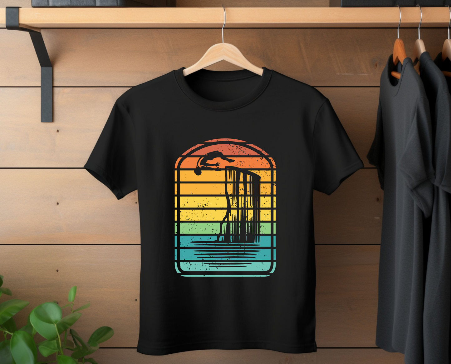 Retro Rainbow Cliff Jumping Silhouette T-Shirt - Outdoorsy Vintage Adventure Shirt