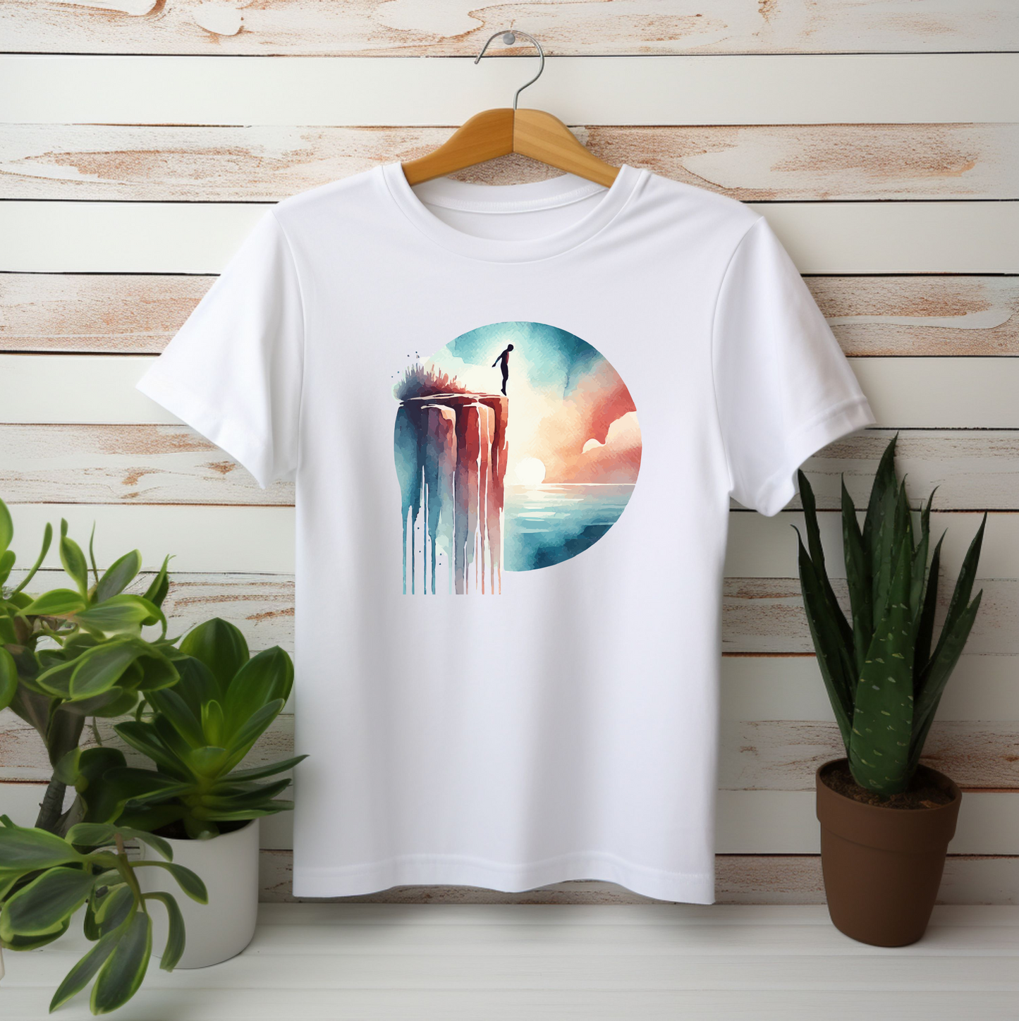 Watercolor Cliff Jumping T-Shirt with Dreamy Adventure Design