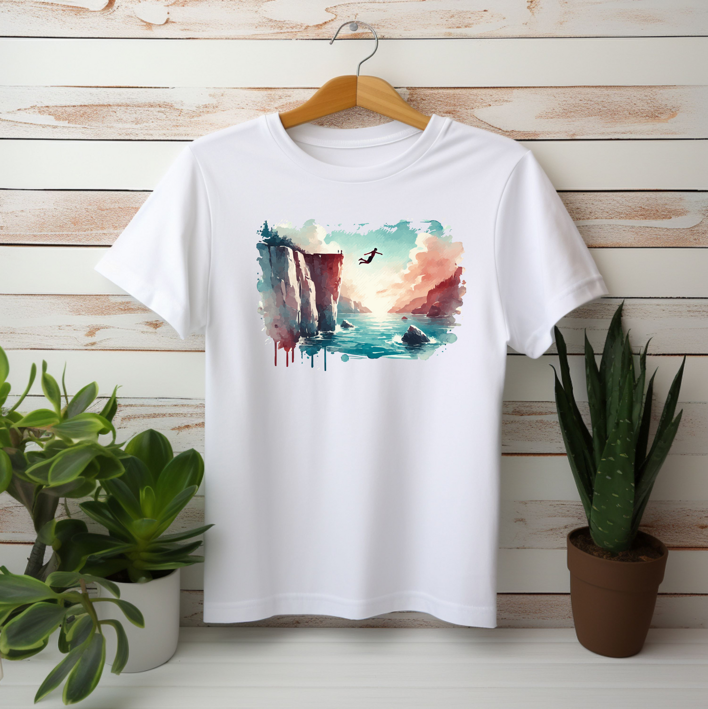 Watercolor Cliff Jumping T-Shirt with Dreamy Adventure Design