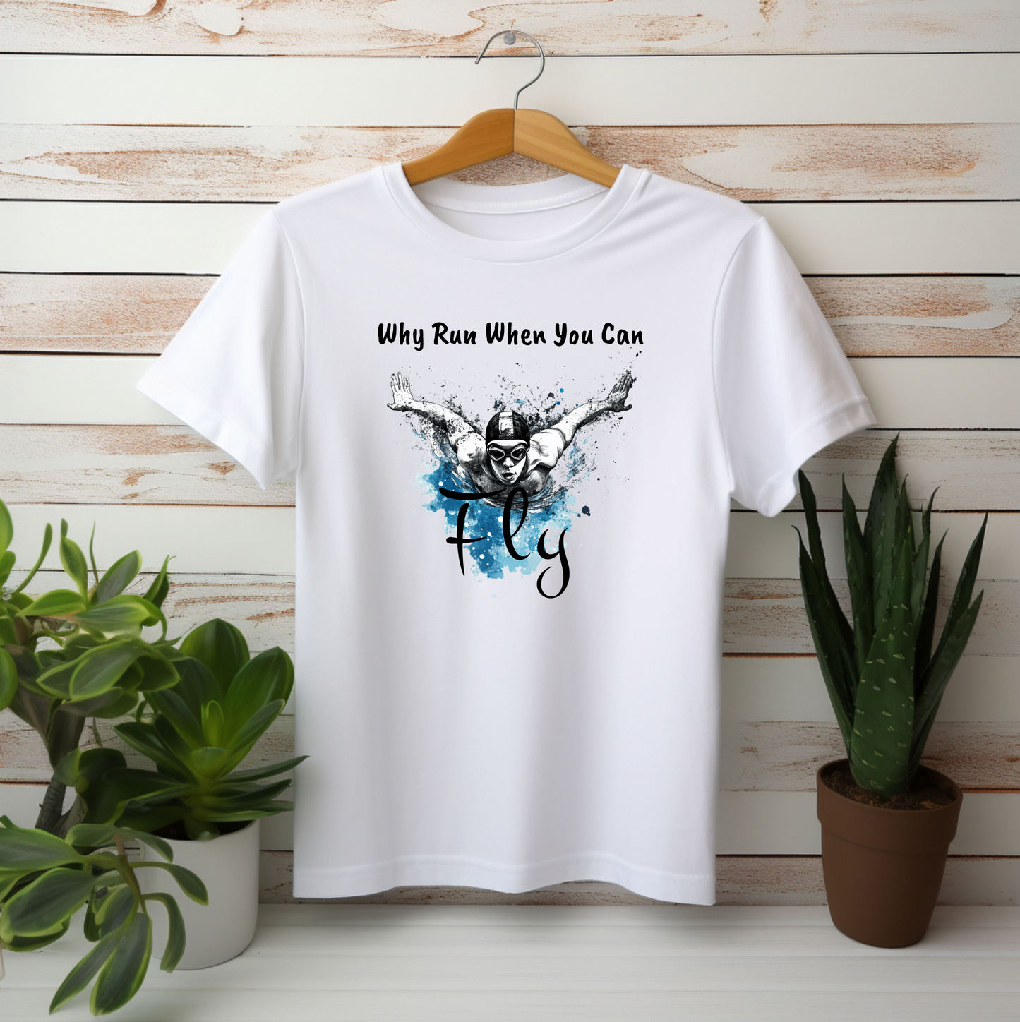 "Why Run When You Can Fly" Butterfly Swim Shirt for Swimmers | Butterfly Stroke T-Shirt Grunge Distressed Swim Tee