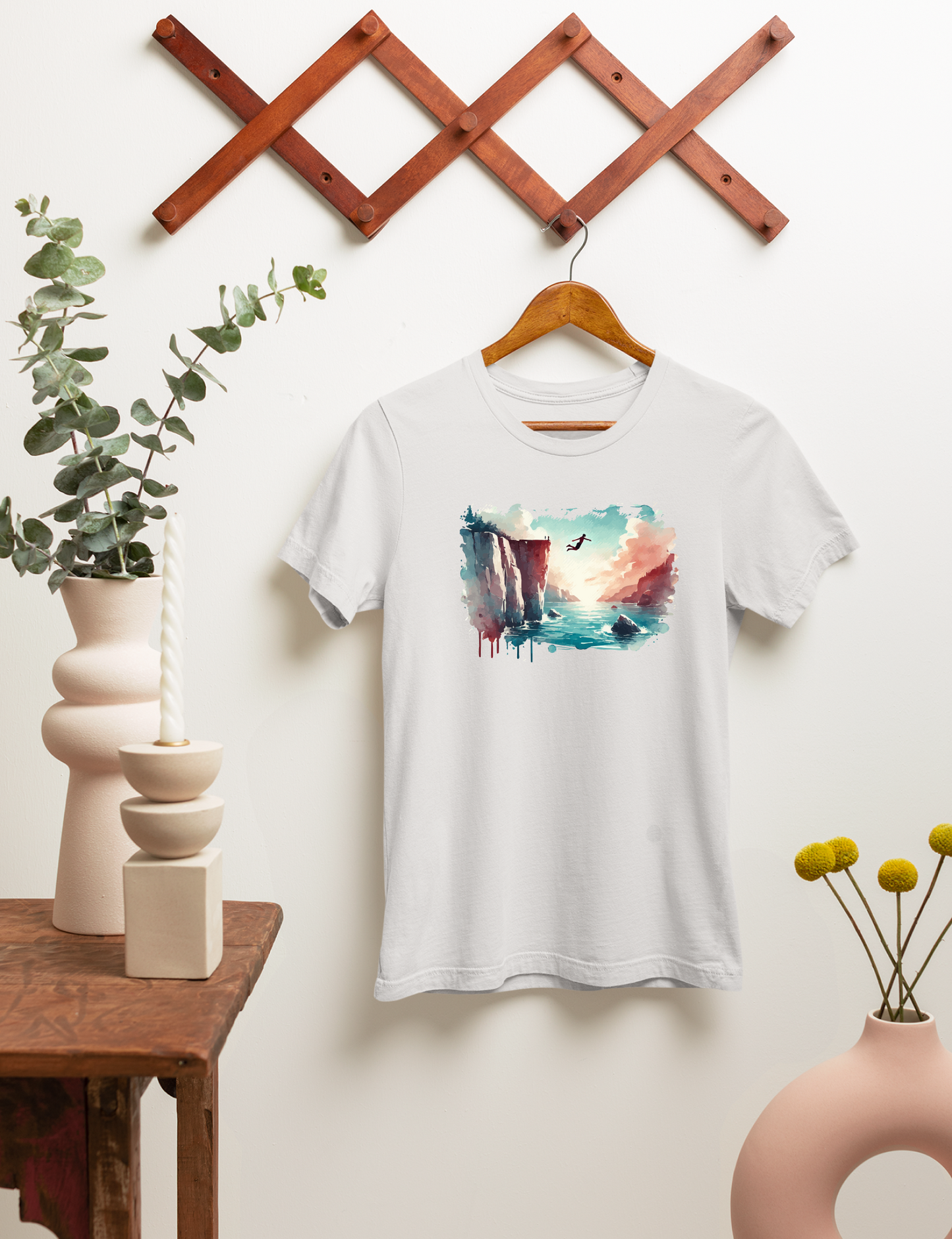 Watercolor Cliff Jumping T-Shirt with Dreamy Adventure Design