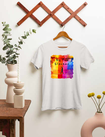 "Big Time Slacker" Colorful Abstract Slackline T-shirt | Slackline Highline Shirt - Rainbow Cubic Splatter Paint Design