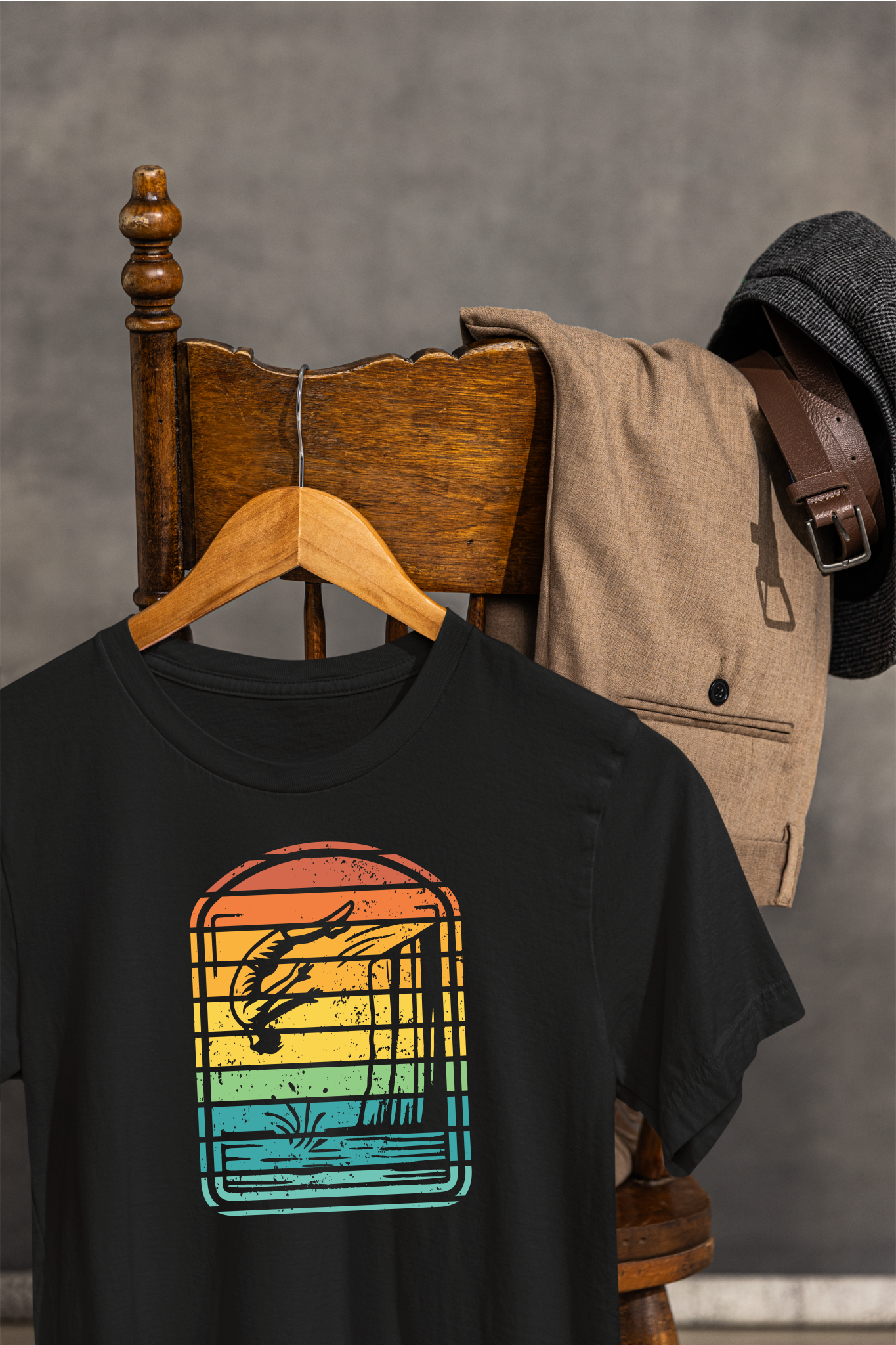 Retro Rainbow Cliff Jumping Silhouette T-Shirt - Outdoorsy Vintage Adventure Shirt