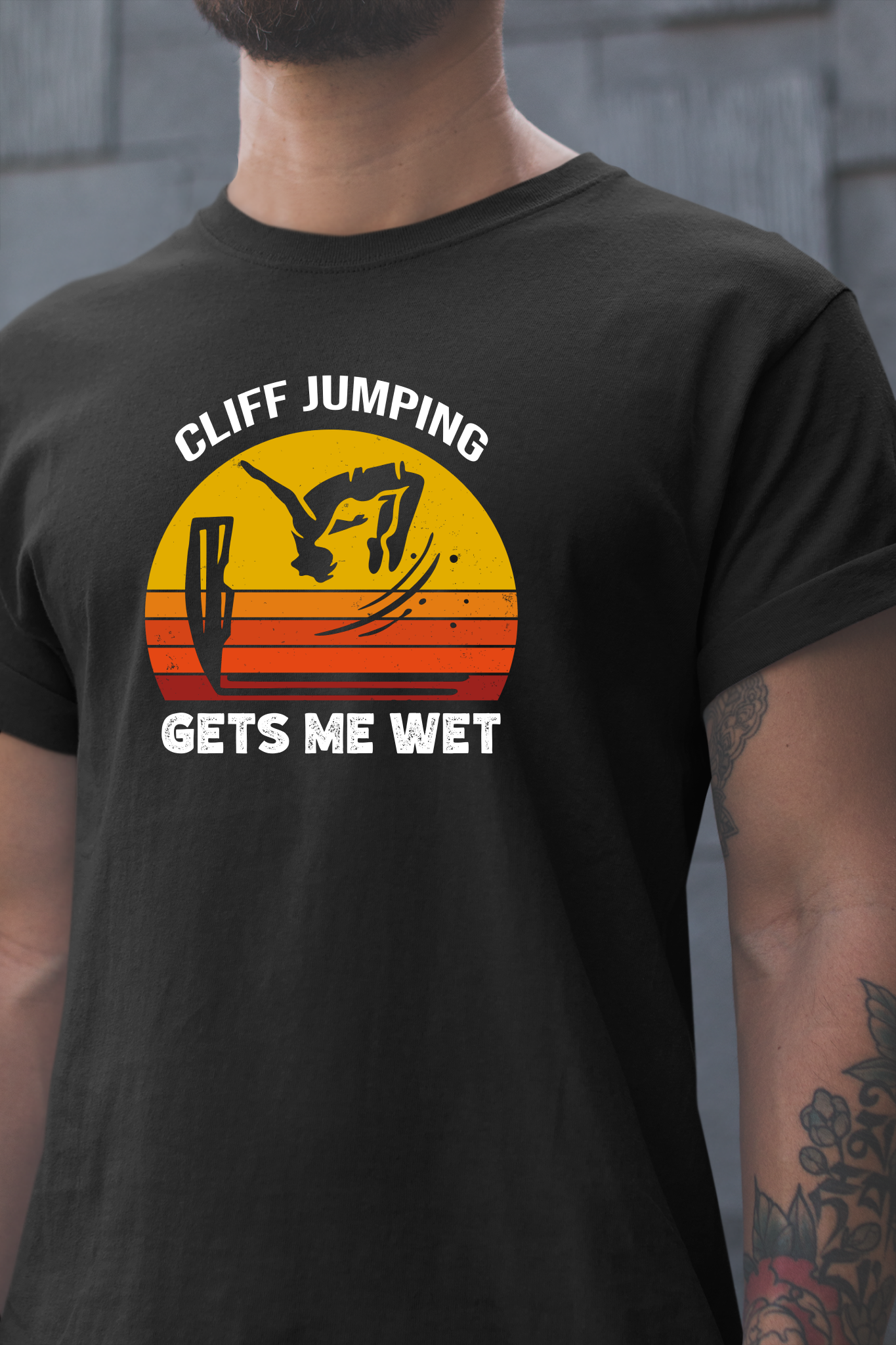 "Cliff Jumping Gets Me Wet" Shirt | Funny Cliff Jumping T-Shirt for Outdoorsy Adventurers - Retro Vintage Sunset Design