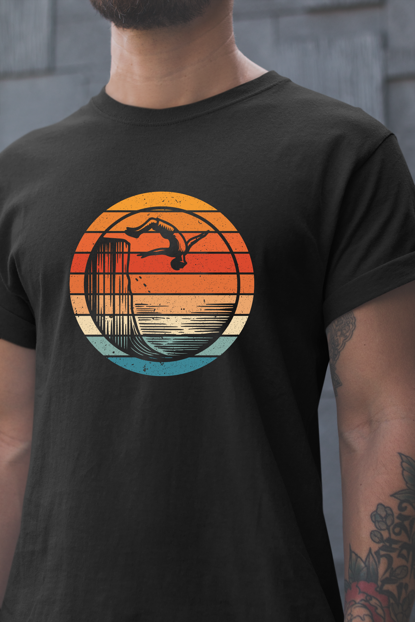 Retro Sunset Cliff Jumping T-Shirt - Outdoorsy Distressed Vintage Sunset Silhouette Adventure Shirt