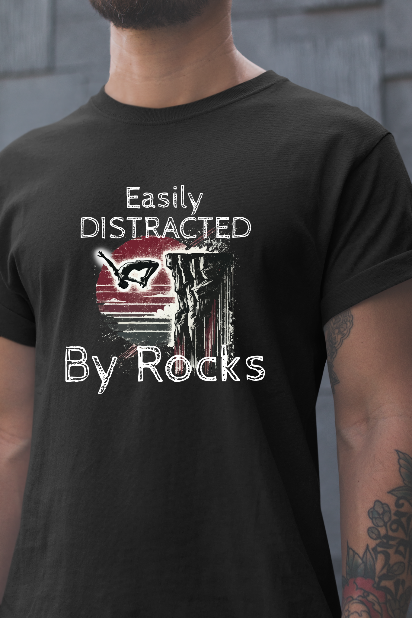 "Easily Distracted by Rocks" Cliff Jumping T-shirt | Distressed Grunge Style, Funny Shirt for Outdoor Enthusiasts